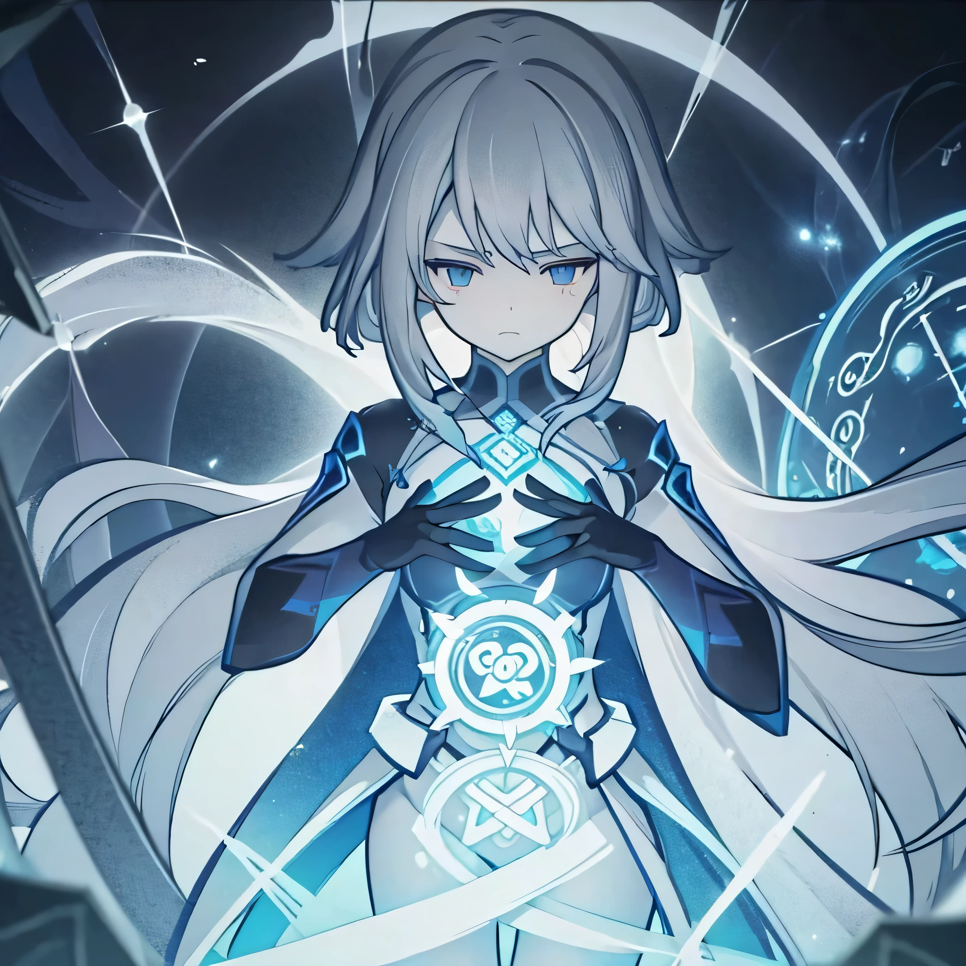 Statue of a girl. gray skin. gray hair. Long hair is gathered into a complex hairstyle. Drawings of glowing runes on clothes and body. Glowing symbol in the center of the chest. Long sleeves. 