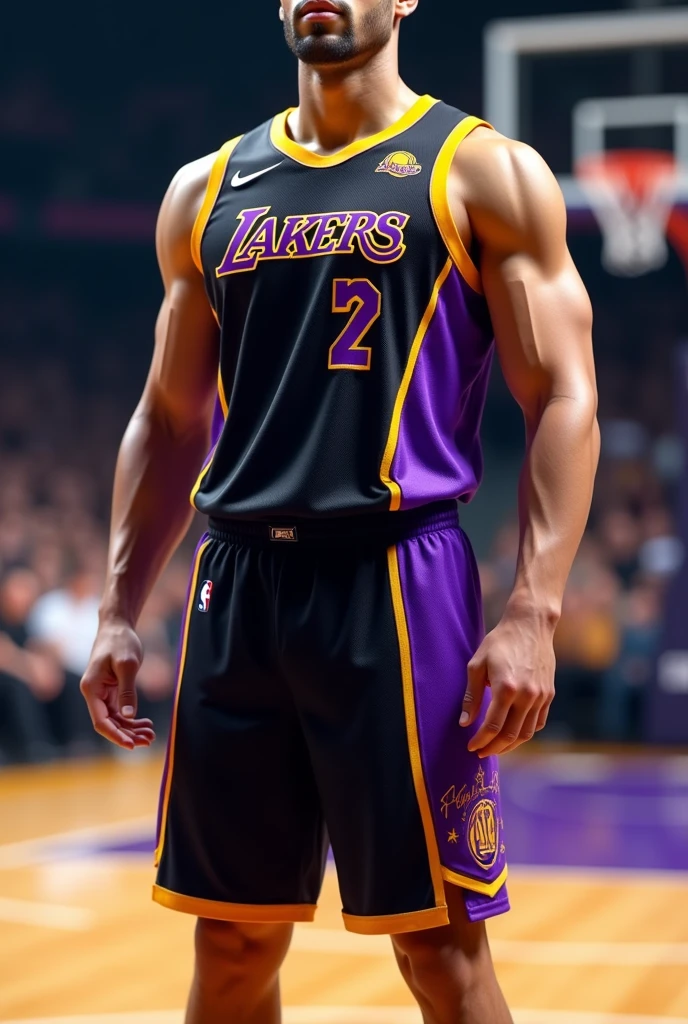 Basketball jersey and shorts with black, purple and yellow colors