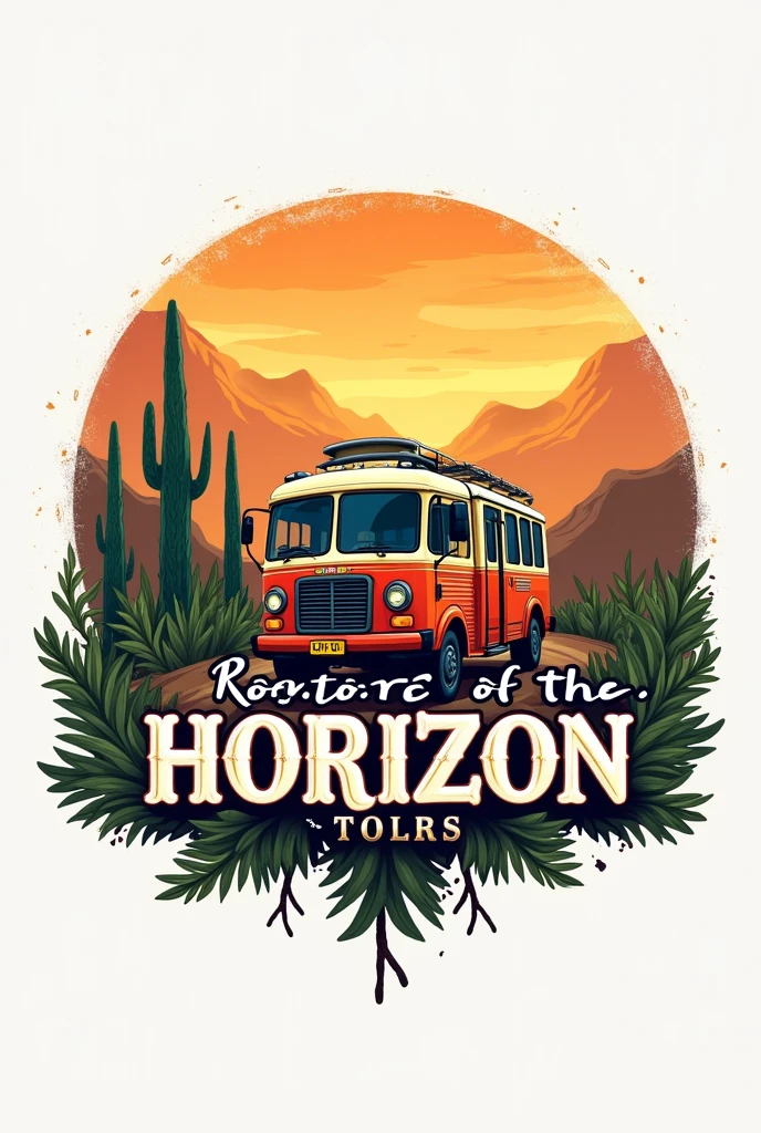 Can you create me a tour logo that says "Roots of the Horizon" with a bus in the middle that is in Spanish