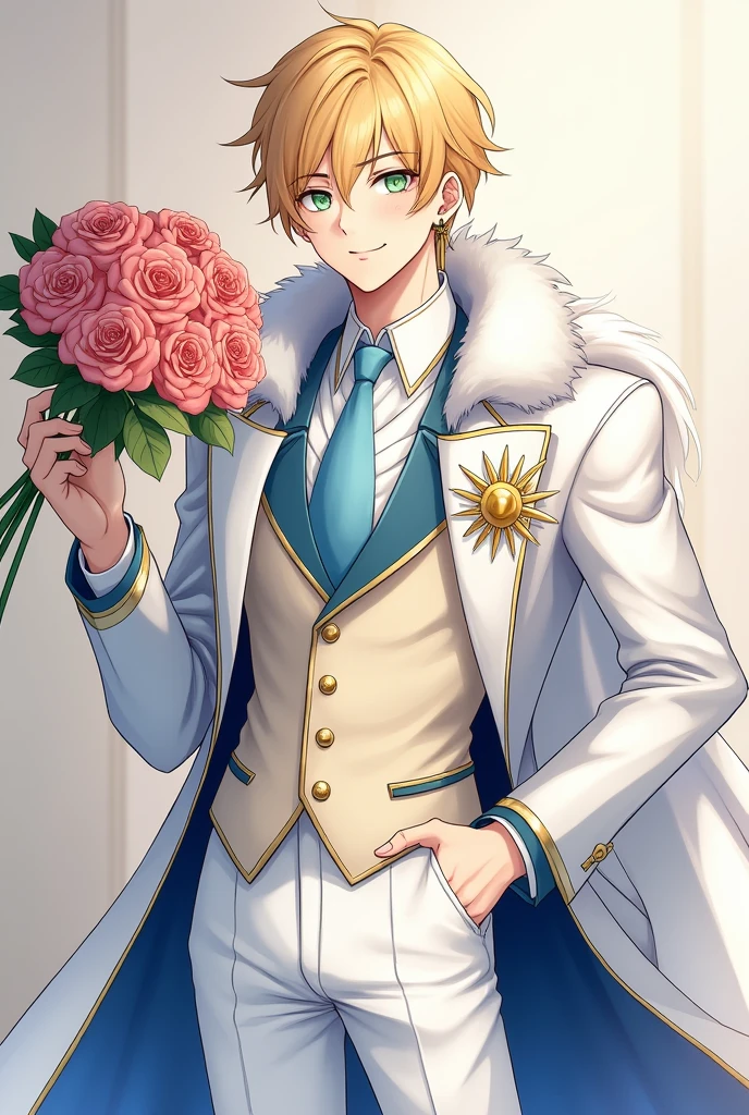  boy with golden hair, light sea green eyes white skin , Lean, with earrings in the ears, formal wear, white cover inside the cover fabric similar to blue silk, gold accents prendendo uma parte da ponta de cima da capa na outra,part of fur on the top and bottom of the coat,calça branca com gold accents na cintura , top of black clothes, gold accents, gravata azul clara com gold accents, sleeves of white clothes, pose with hand on waist showing part of white sleeve while holding a bouquet of roses in the other, confident personality,affectionate,expert, caring.while smiling, varios gold accents na roupa toda, and a sun crest on the chest . アニメ