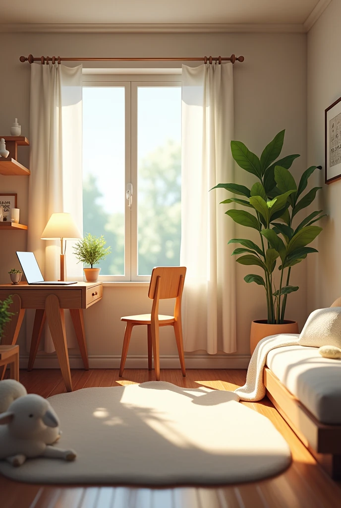 A room with a chair and a laptop on a table with lamb and a bed 


