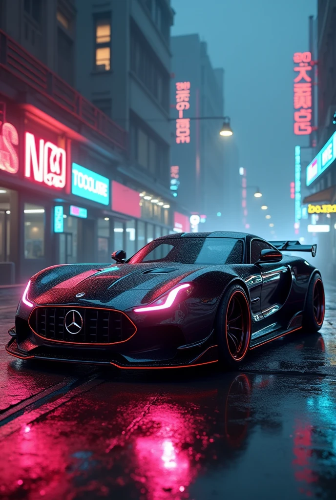 Render of the first generation Shelby Cobra, but with the style of a 2024 Mercedes Benz, cyber punk