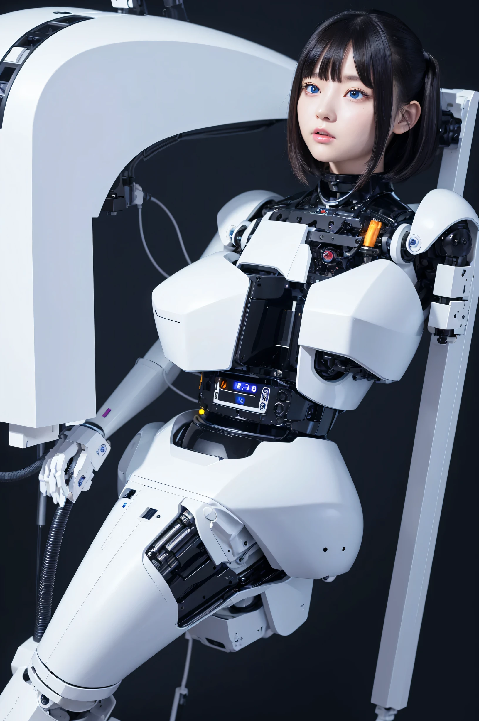 masterpiece, best quality, extremely detailed, portrait,Japaese android girl,Plump,a bit chubby,control panels,android,Droid,Mechanical Hand, ,Robot arms and legs, Black hair,Mechanical body,Blunt bangs,White Robotics Parts,perfect robot woman,Charging spot,Long Tube,A thick cable was connected to her neck,perfect mechanical body,white robotics body,future assembly plant,white body,She has repaired,black sponge joints,android assembly plant,android,laboratory,perfect machine body,white robot body,blue eyes