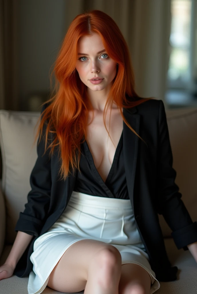Red haired woman with a white skin. She's wearing a black jacket and white skirt , he's posing .She has hot-looking blue eyes, she sexy breasts, she is sitting od the couch