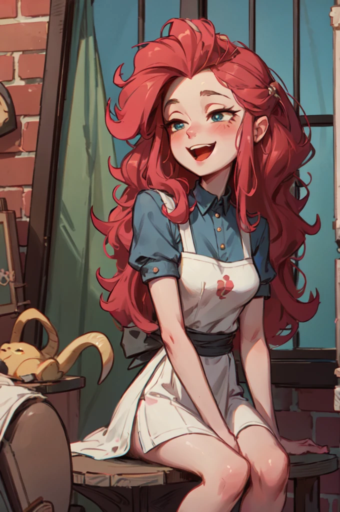 closeup, retro barbershop,two people, (a standing mature curly hair woman with apron holds a comb), combing, girl in white cloth, sitting on swivel stool, window, mirror, faded red brick wall,high quality, masterpiece,mlppinkie, long pink hair, blue eyes, looking excited, happy, blush, 