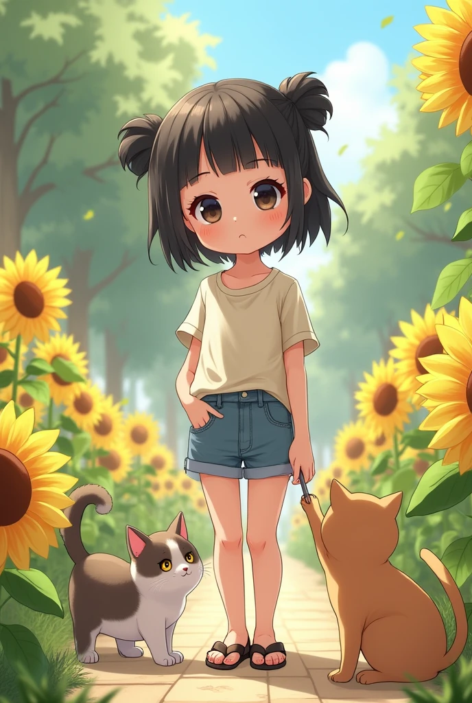 of the highest quality,masterpiece,32K,High resolution,9 years old,slanted eyes,baby face,round face,thick eyebrows,short pigtails,blunt bangs,black fur,Glasses,Brown eyes,Residential Park,positive,very short stature,very thin thighs,to you,a shy smile,Sunny day during summer vacation,A lot of sunflower flowers.,sandals, Aroma a flor, playing with cats,(panty shot), nude , naked, hentai, wet