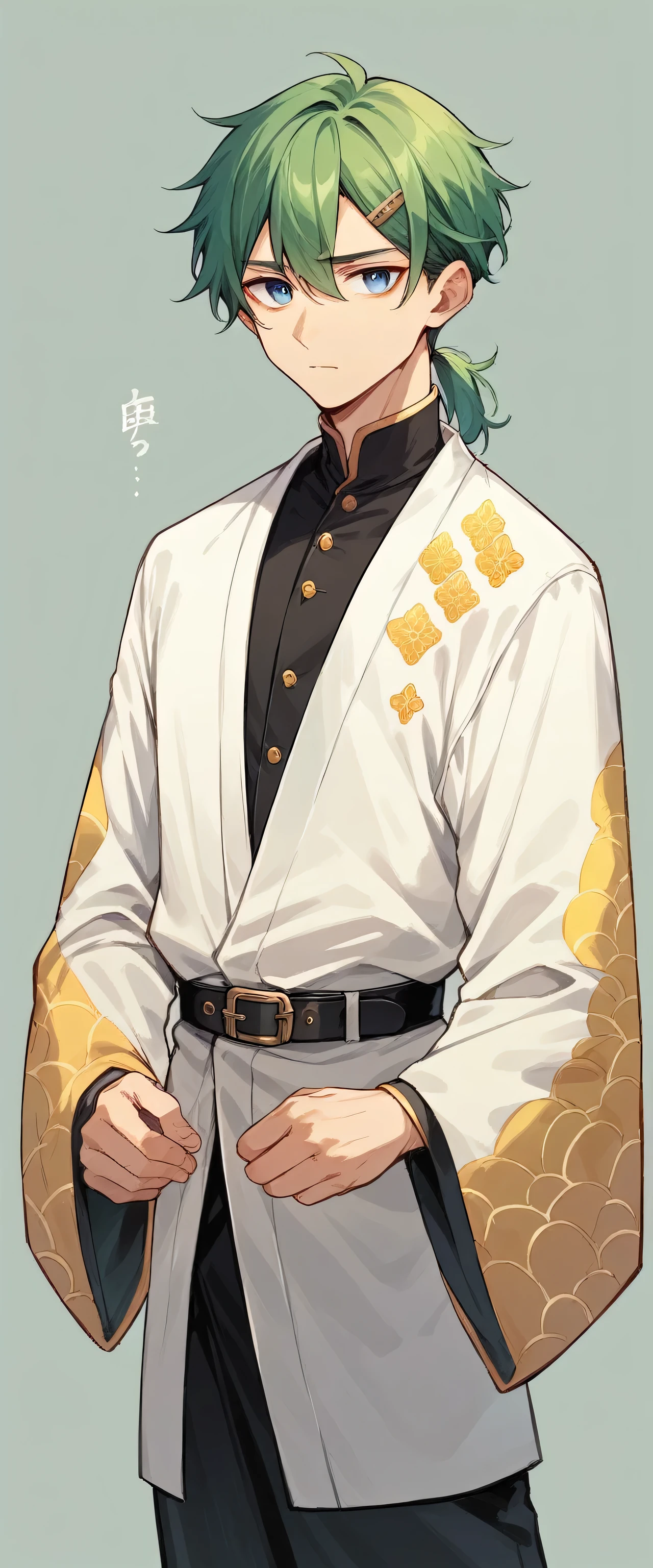  Boy, Blue eyes, black and green hair, Chinese white robe, short ponytail, yellow patterns on the sleeves of the robe, black belt, gold ponytail clip,