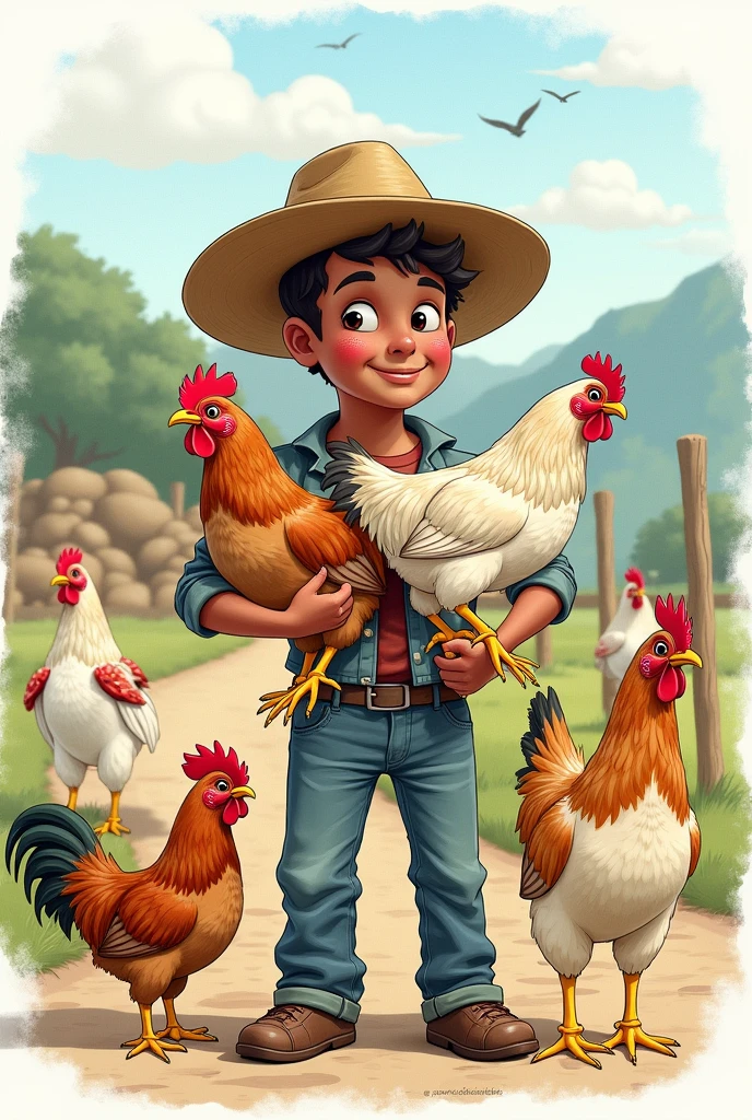 Create a drawing of José, a Colombian farmer who decided to build a chicken coop, in order to have a source of protein for their diet and that of their family, as well as an economic income. 


