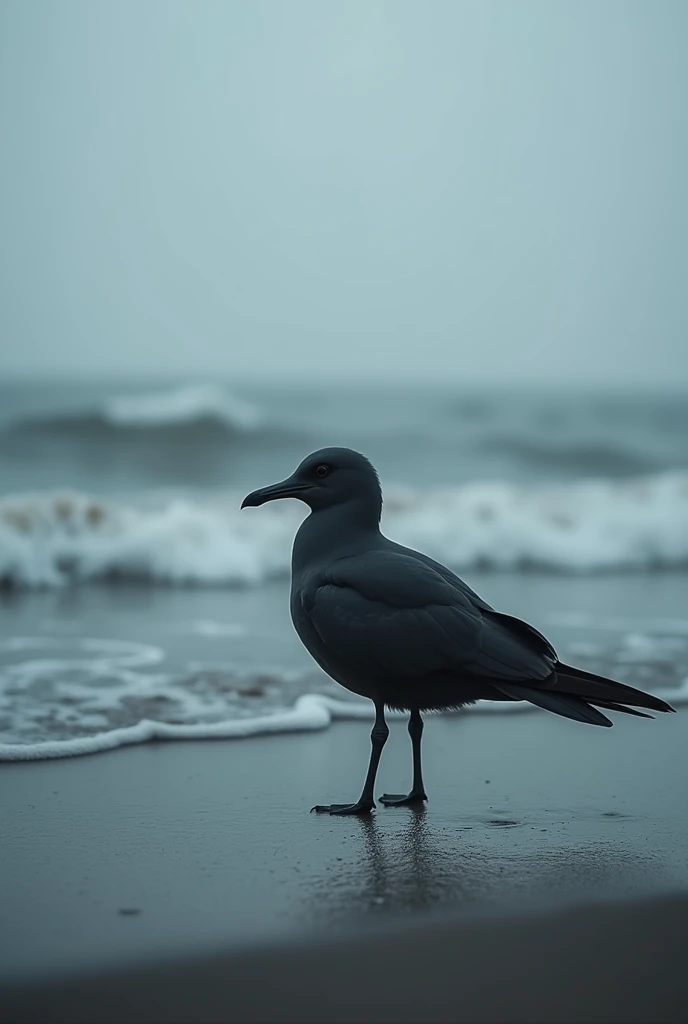 Black-feathered little seagull at the seaside - a sad photo