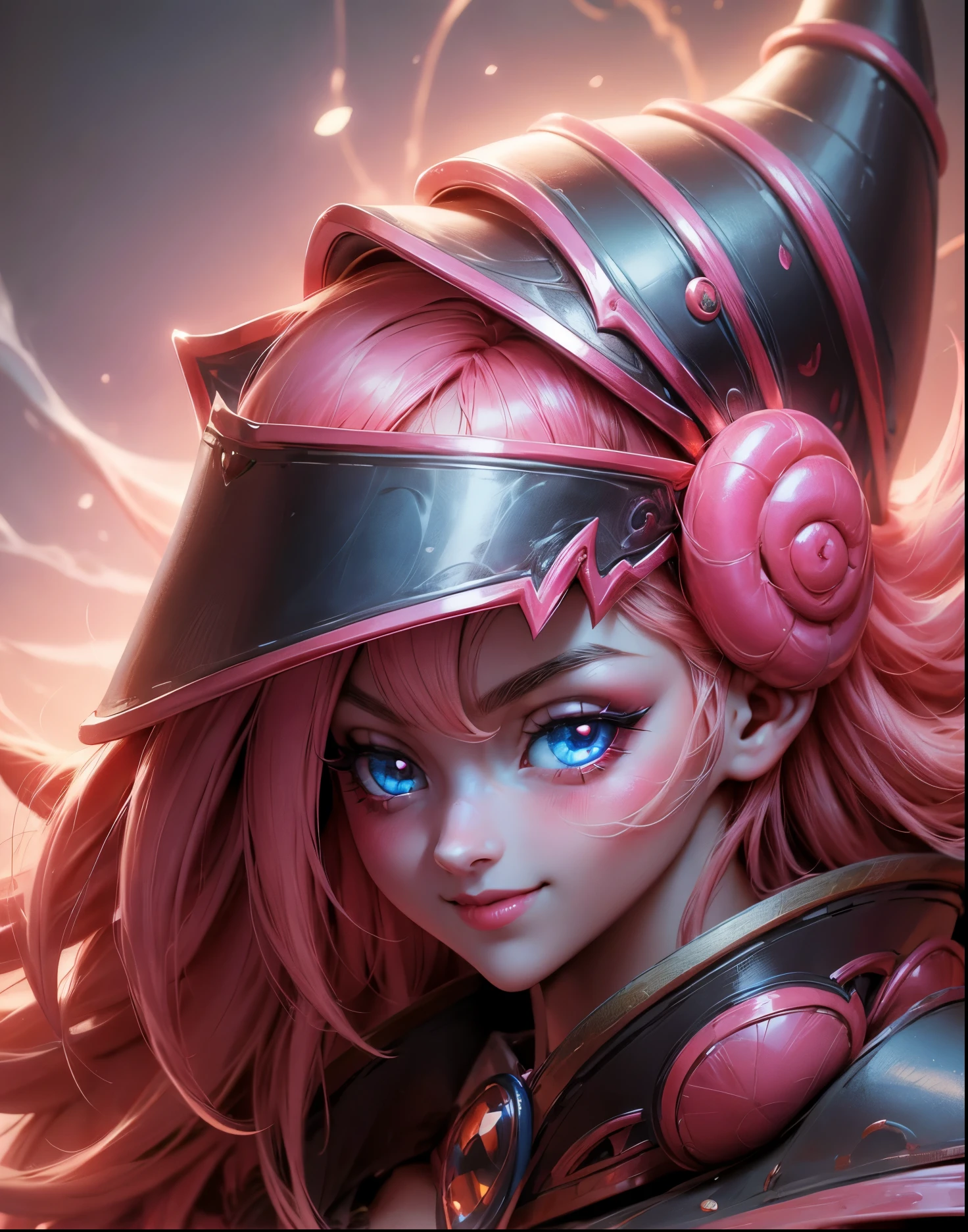 Create the beautiful face of dark magician gils. blue eyes. Extra long eyelashes. Thick Eyelashes. big eyelashes. pink lips. Tez blanca. blond hair. Tender girl smile. dark wizard gils