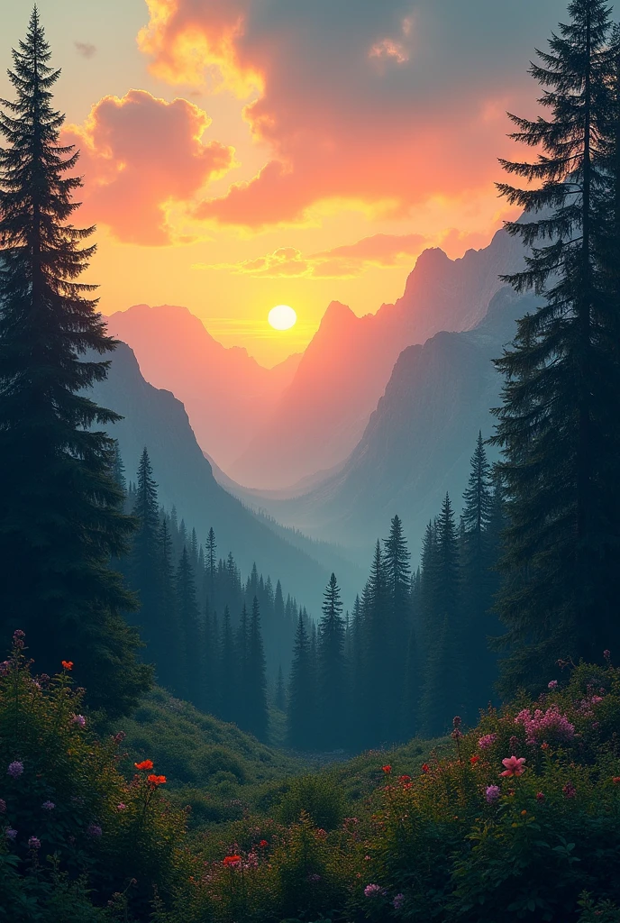 A forested landscape with mountains, In the background a sunset with an orange atmosphere 