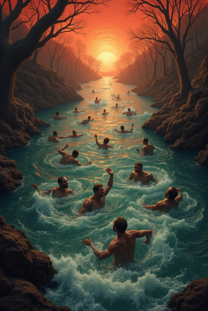 Image of circle 5 Wrath of the Divine Comedy where The angry ones are submerged in the river Stiga hitting and cursing each other on the surface while those who repressed their anger are submerged under the water drowning