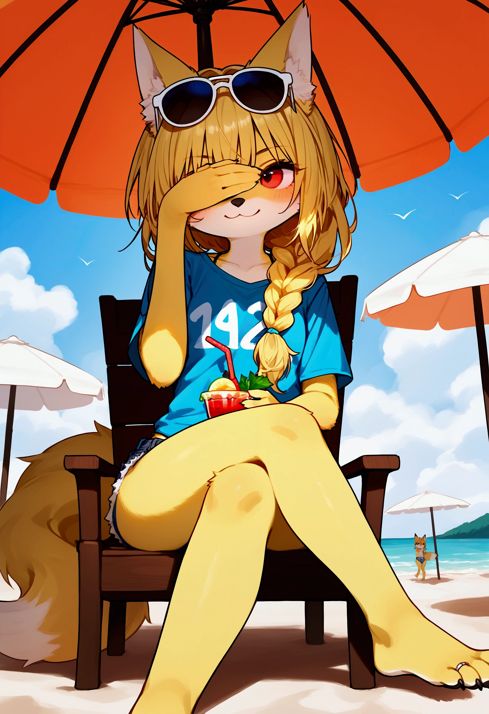 Solo, Score_9, score_8_up, score_7_up, source_cartoon, kemono style, An Anthro furry fox girl, yellow furry body, yellow fox tail , black nose, blonde hair, braided hair, wearing blue daisy dukes, a tied white shirt, visible thong, sunglasses, sunglasses covering eyes, red eyes, smirking, outdoors, sunny day, looking away, majestic, at the beach, sitting on a chair under an umbrella, in front of a food stand, legs crossed, barefoot, toe ring, 4 toes, holding a margarita, d artist: Amakuchi