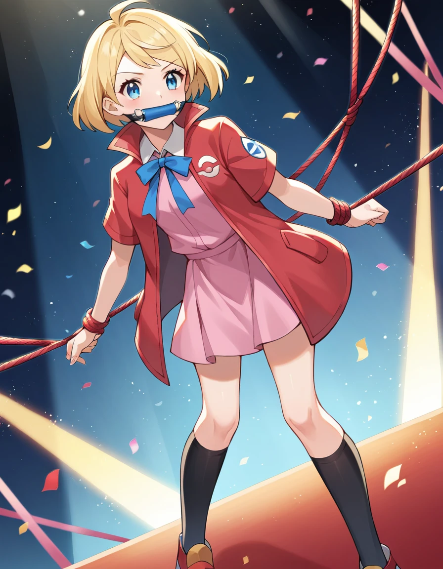 score_9, score_8_superior, score_7_superior, sauce_anime, evaluation_Safety,  \(Pokemon\), One girl, blue eyes, eyelash, short hair, Blonde, Have, Neck ribbon, Blue Ribbon, Pink Shirt, No sleeve, Bare arms, Red jacket, Pink Skirt, Black knee socks, Dutch Angle, hand superior, , Particles of light, light, Dutch Angle, aura, Backlight, Confetti, Particles of light, light, stage, stage lights, Spotlight,Tied up with rope,gag,Struggling,Grim expression