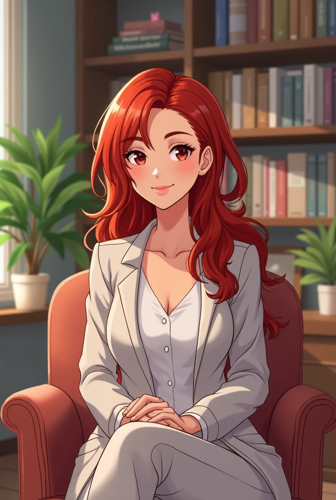 Create for me in anime format a holistic therapist woman, redheadwear, smart and cool.