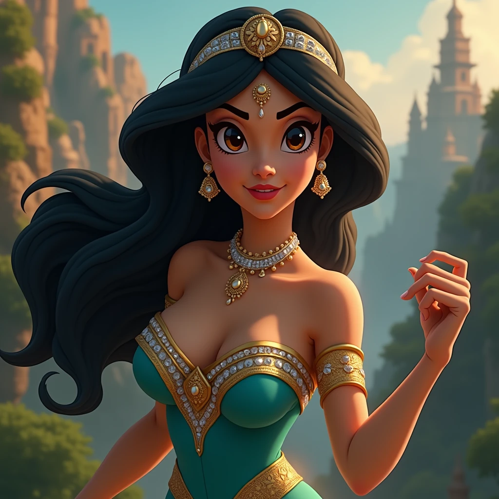 Stunning Princess Jasmine, photo in 8k, in action, cinematic.