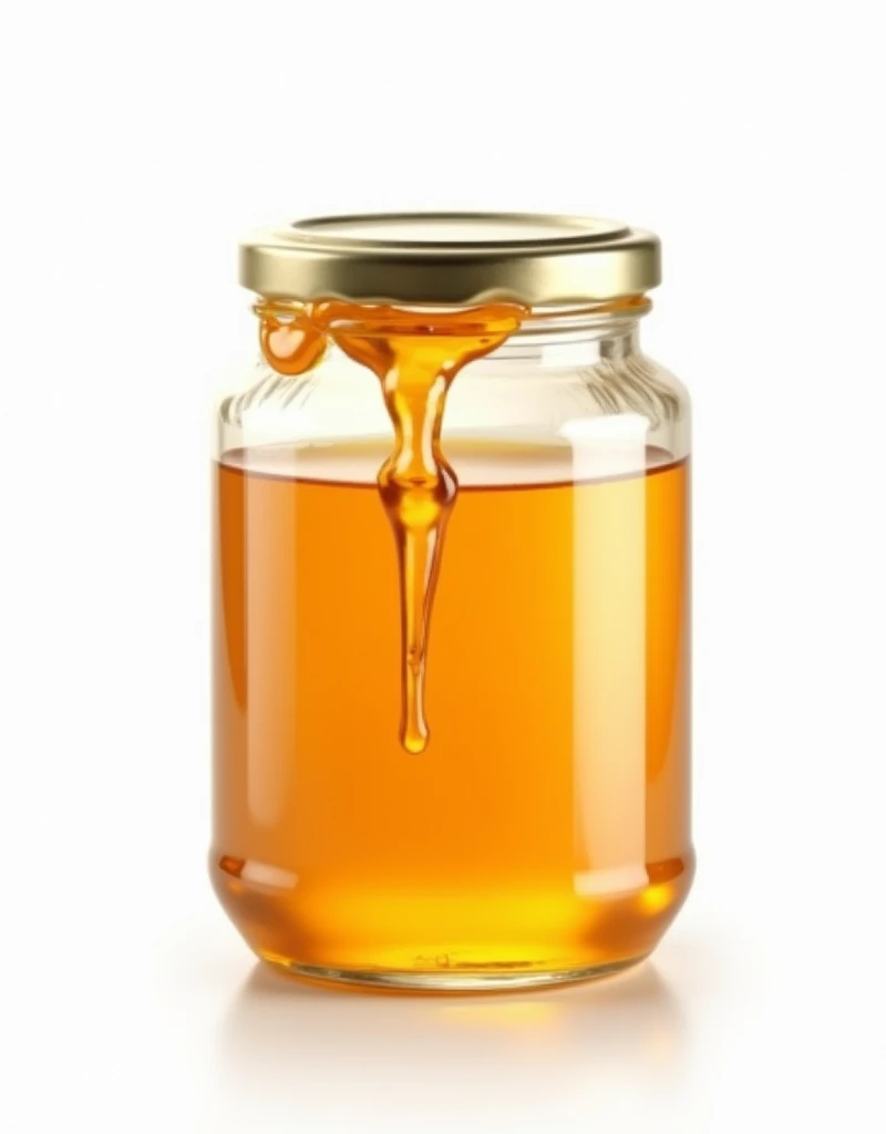 High quality A detailed view of a jar of honey jam against a pristine white background. The jar is clear and made of glass, revealing the golden, shimmering honey jam within. The lid is metallic and reflects a little bit of light. The honey jam itself looks rich and thick, yet flowy, full of appetizing sweetness. The white background provides a stark contrast, making the honey jam stand out prominently.