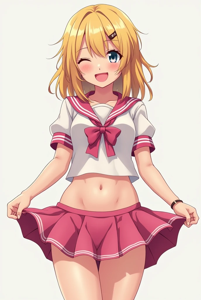 Create an image of a blonde schoolgirl lifting her skirt and showing her pink panties and she smiles mischievously ((anime and high quality))