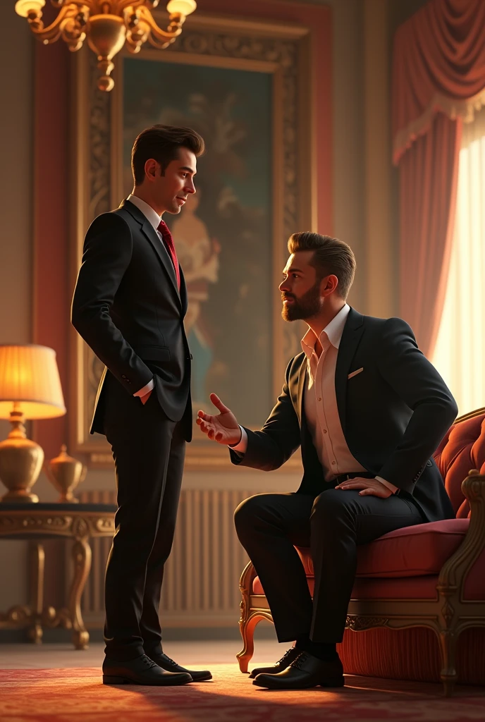 A rich man talking to a guy in his fancy house, pixar style, 3d , high-aesthetic, cinematic, masterpiece