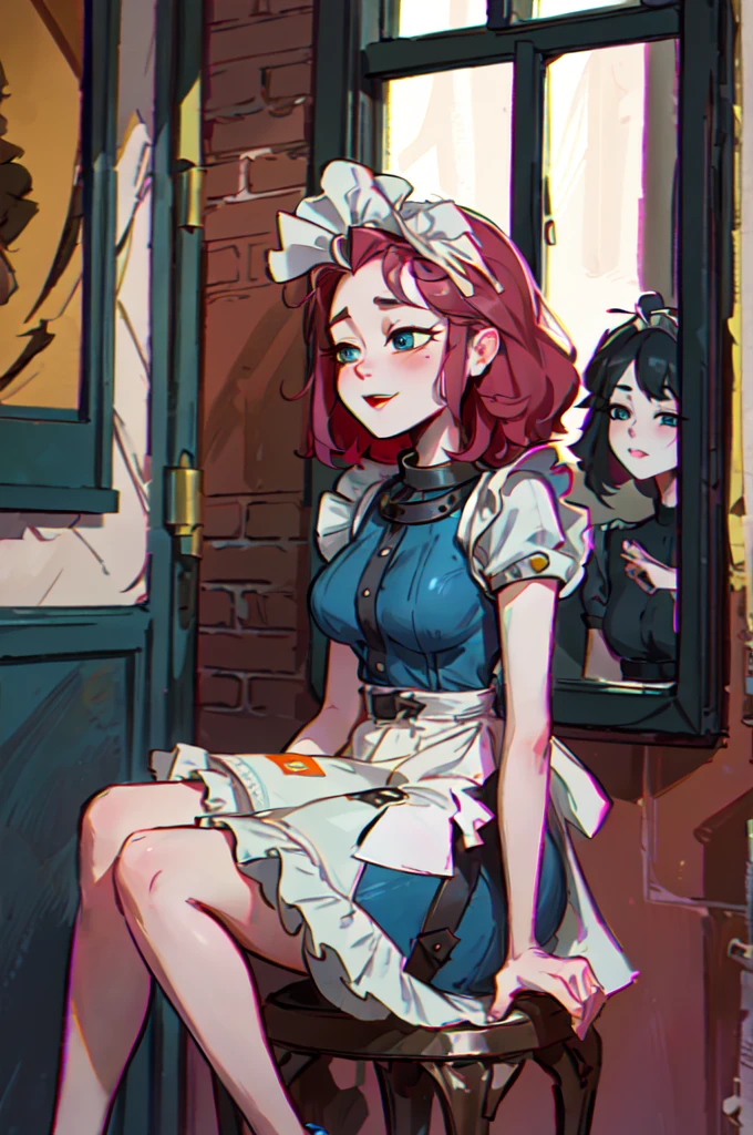 closeup, retro barbershop,two people, (a standing mature curly hair woman with apron holds a comb), combing, girl in white cloth, sitting on swivel stool, window, mirror, faded red brick wall,high quality, masterpiece,mlppinkie, long pink hair, blue eyes, looking excited, happy, blush,
