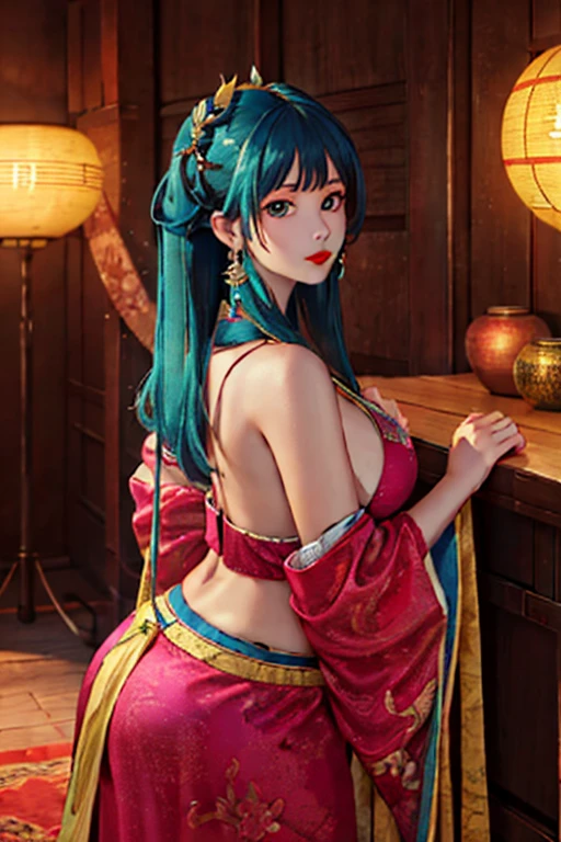 (((Highest quality、Ultra-high resolution、masterpiece: 1.2))), Highly detailed anime art style, Style, (Off the shoulder,Earrings, sexly、The lavish interior of the Tang Dynasty harem), Detailed green hair, Detailed blue eyes, Symmetrical Eyes、Big complicated hairstyle, Long Hair,Sparkling eyes,like々Shii,hair accessory, Wearing Chinese Earrings, She has a hairpin on her head、Holding a kissel in his right hand, bangs, Detailed lighting, Bright colors, Looking at the audience, Shots from 45 degrees above and to the left and right、Look forward、Stand in the center of the image、Cowboy Shot,Cat、Curvaceous、Very big boobs、BIG ASS、High-end kimono、Traditional Tang Dynasty Kimono、Deep red lipstick、Courtesan-style costume、