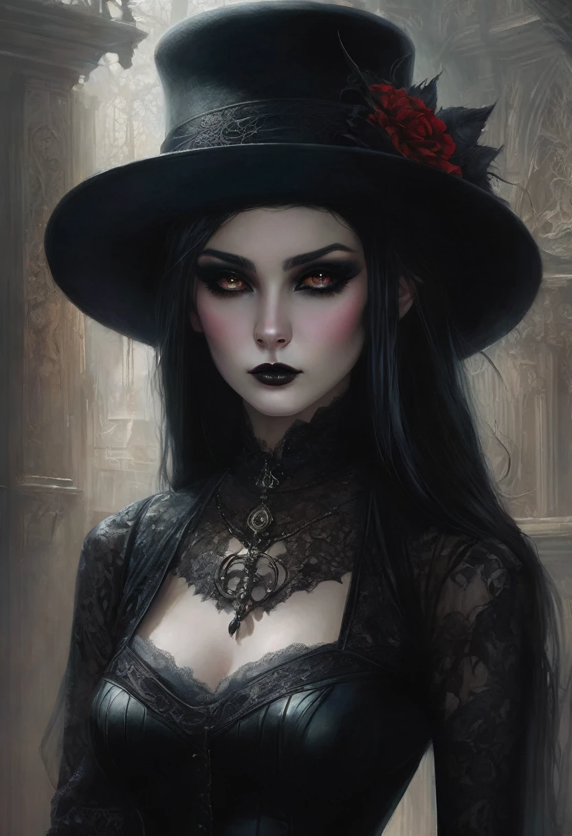 A captivating gothic catgirl, adorned with a black hat, poses against a backdrop of digital art by Yang J. Trendsetting CG society themes intertwine with gothic and fantasy gothic art elements. Her enchanting eyes and dark, mystical aura exude an air of beauty and allure. The artwork, in the style of fantasy, showcases a dark, brooding portrait of a gothic catgirl, with a touch of Tom Bagshaw's distinctive dark fantasy art style.