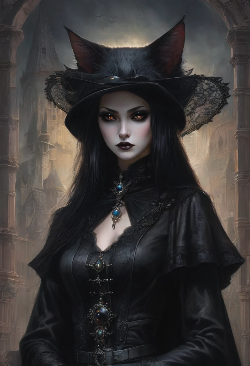 A captivating gothic catgirl, adorned with a black hat, poses against a backdrop of digital art by Yang J. Trendsetting CG society themes intertwine with gothic and fantasy gothic art elements. Her enchanting eyes and dark, mystical aura exude an air of beauty and allure. The artwork, in the style of fantasy, showcases a dark, brooding portrait of a gothic catgirl, with a touch of Tom Bagshaw's distinctive dark fantasy art style.