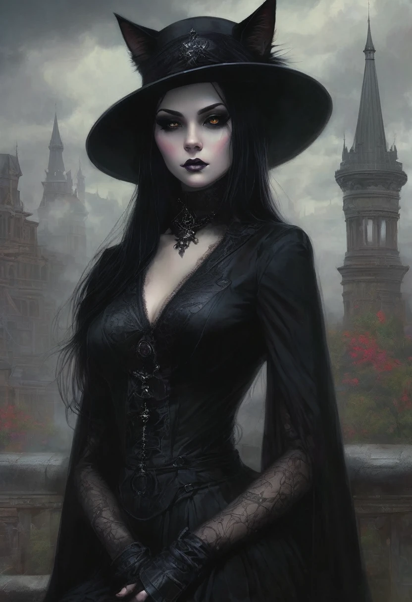 A captivating gothic catgirl, adorned with a black hat, poses against a backdrop of digital art by Yang J. Trendsetting CG society themes intertwine with gothic and fantasy gothic art elements. Her enchanting eyes and dark, mystical aura exude an air of beauty and allure. The artwork, in the style of fantasy, showcases a dark, brooding portrait of a gothic catgirl, with a touch of Tom Bagshaw's distinctive dark fantasy art style.