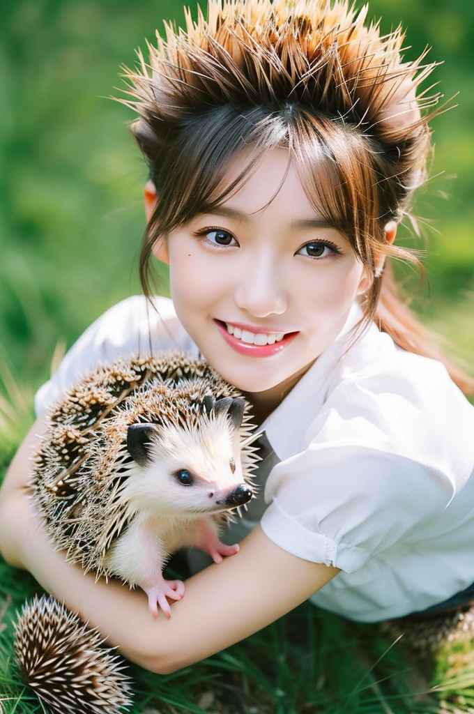 (masterpiece, ultra-detailed, ultra-realistic, best quality, clear focus, photorealistic), (ultra-high resolution, 8k:1.3), (hip focus:1.3), perfect anatomy, perfect face, (detailed face, detailed eyes:1.3), (1 beautiful Japanese blonde girl), (very cute face:1.3), (her body is very Spiky like a hedgehog:1.35), On the grassland with a magnificent view, professional light, smile, fangs, with a hedgehog