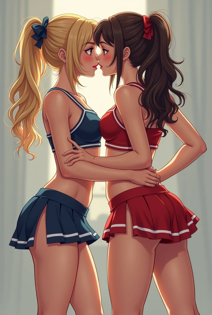 detailed illustration (side view),dynamic angle, ultra-detailed, illustration, 2girls, lesbian kiss, blonde hair, black hair, cheerleader, goth, closed eyes, tattoos, sitting on bed, bedroom, seductive, passion, touching breasts