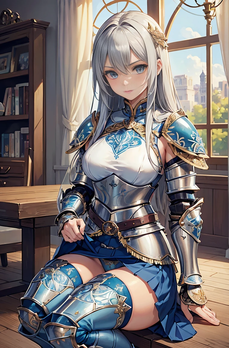 Highest quality}, {Very beautiful}, {Very detailedな}, {The best An illustration}, masterpiece,(((Skirt Lift:1.5))),((Showing off see-through micro pants:1.4)),garter belt:1.5,((Holy Knight)), Smooth breastplate, ((Blue Armor:1.5))、((((Extremely detailed and intricately decorated armor:1.35)))),Red Cowboy Shot,smooth udder、big 、(Golden Ratio,Tabletop, Highest quality, Highest quality, Official Art, beautifully、beautiful:1.2), Very detailed, colorful,Best details,An illustration, Great scene, (Adult,19 years old,One Girl, alone, Final Fantasy 12,Asheria:1.5, Asheria:1.5, Asheria:1.5, Curly Hair:1.5, Long Hair,Silver Hair:1.2,Asheria Costume:1.5, Asheria Costume:1.5, mini skirt,Knee socks, Thighs Thighs Thighs Thighs, gem, Blue Belt,Belt number 1),Course of action, A look of contempt ,Whole body 1.5, squat, Spread your legs,No stockings,squatting, spread legs, tight, micro red panties,