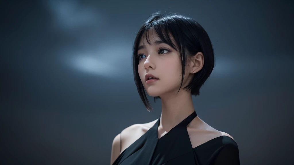 Delicate and dainty young woman with shiny short-cut black hair . She is wearing black dress. The background is a fantastic and ethereal night sky that seems to be haunted by a specter. Her expression is stern and atmospheric. Angle from directly below. face closeup