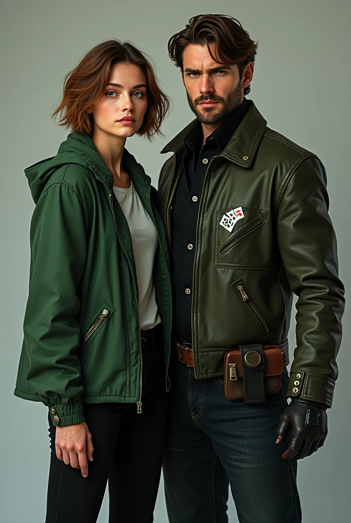 A white girl with short light brown hair,slim dressed in a green jacket and black pants posing next to Gambit 