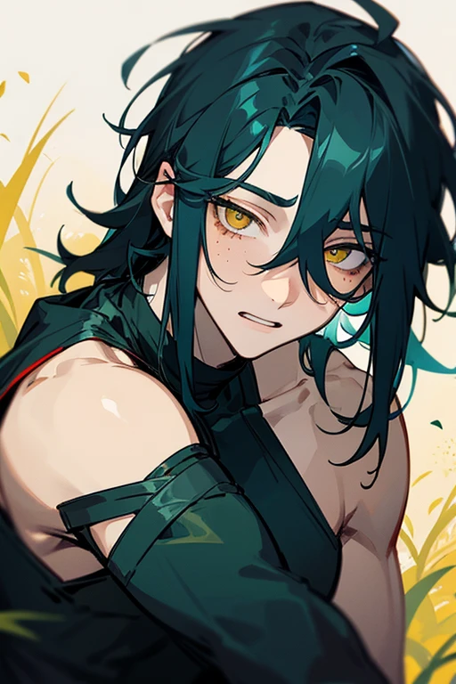 Hot man, solo male, gardener, dark teal hair, messy shoulder length hair, yellow eyes, pale skin, freckles, red cheeks, cute facial expressions, male, sexy guy