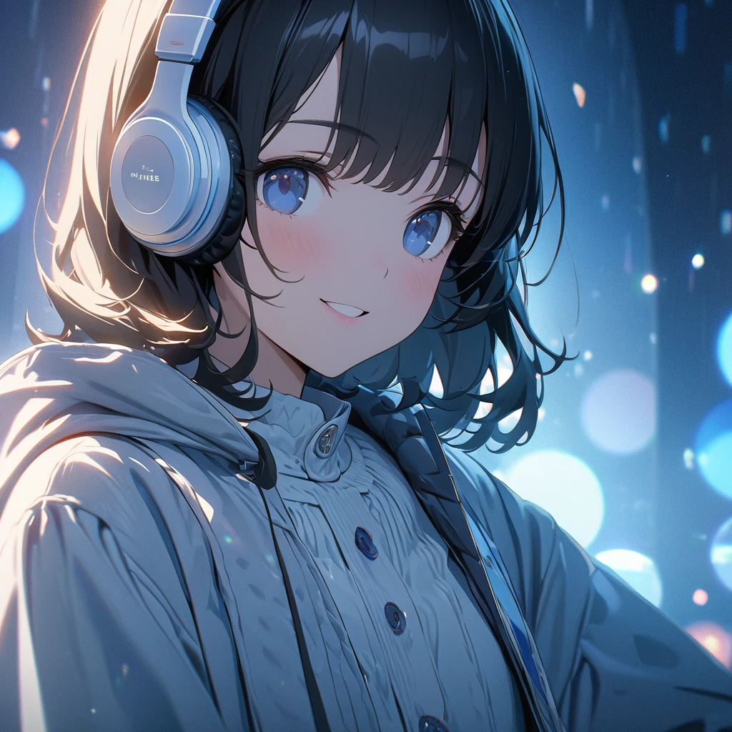 ((ultra-detailed))/three women: (one women with short black hair and bob hair.、beautiful blue eyes,.、smile、gentle smile on her face、flat chest, one Beautiful girl,((masterpiece, illustration, best quality) ((ultra-detailed))/solid white background, while wearing wireless white headphones, full upper body, ),濃い青とBeautiful Blueのグラデーション, High resolution, 8K HD detail, hyper-detail, cinematic, surrealism, soft light, deep field focus bokeh, ray tracing and surrealism. --v6, light blue background