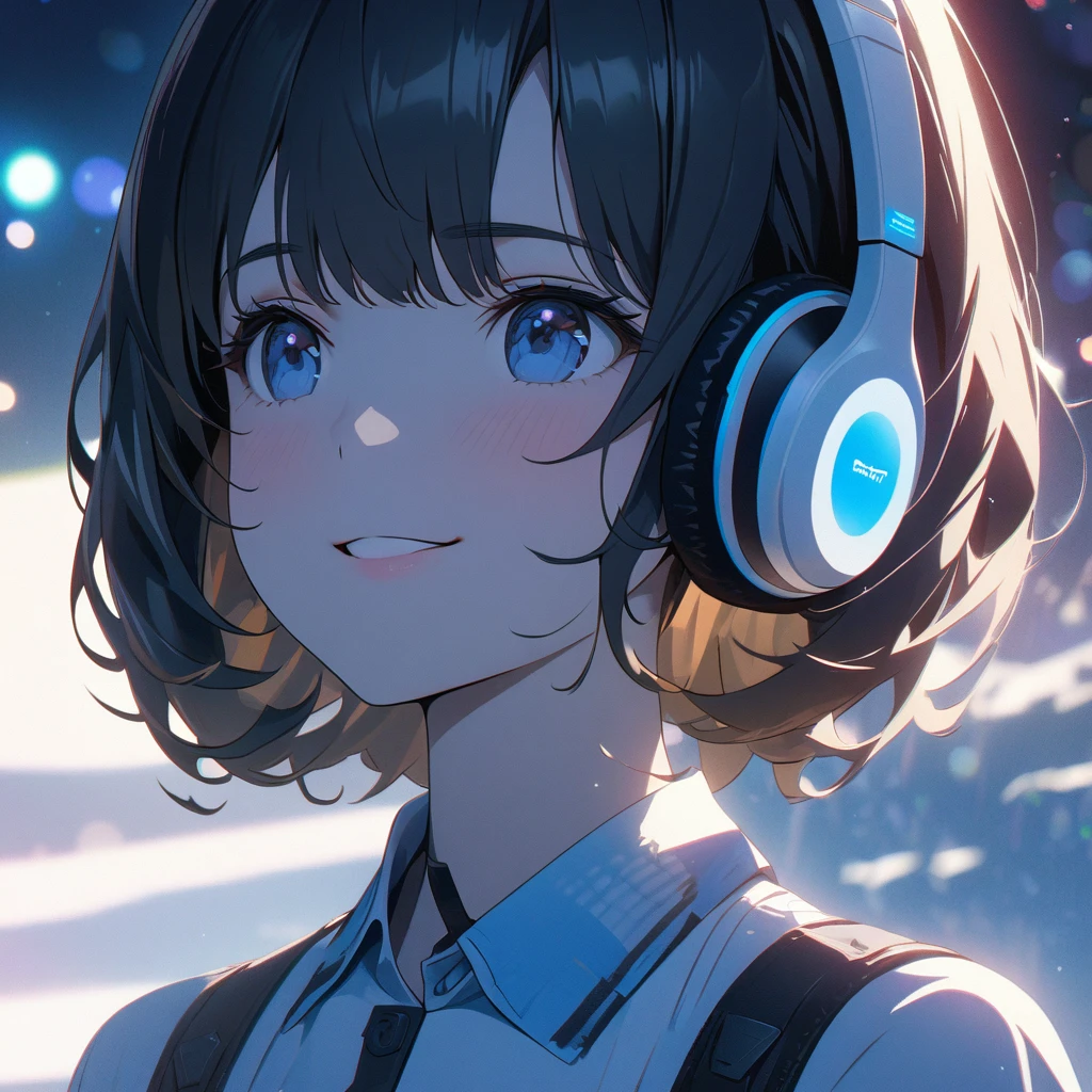 ((ultra-detailed))/three women: (one women with short black hair and bob hair.、beautiful blue eyes,.、smile、gentle smile on her face、flat chest, one Beautiful girl,((masterpiece, illustration, best quality) ((ultra-detailed))/solid white background, while wearing wireless white headphones, full upper body, ),濃い青とBeautiful Blueのグラデーション, High resolution, 8K HD detail, hyper-detail, cinematic, surrealism, soft light, deep field focus bokeh, ray tracing and surrealism. --v6, light blue background