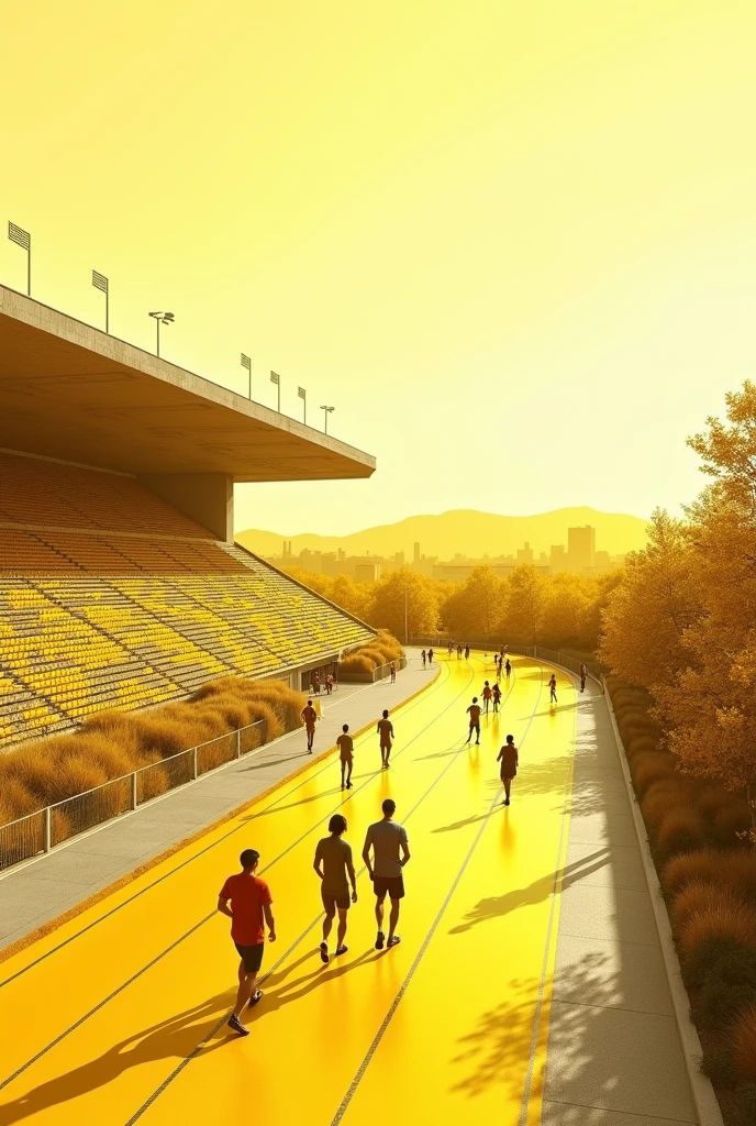 CREATE AT LEAST 10 IMAGES WHERE YOU PRESENT LANDSCAPE AND AESTHETICS FOR A MAIN ROAD, CONSIDERING THAT THE PROJECT IS AN OLYMPIC STADIUM WITH A RECTANGULAR SHAPE, WHICH ON THE OUTSIDE IS A SPORTS COMPLEX THAT EXPANDS AROUND THE STADIUM, THEREFORE THE IMAGE SHOULD BE A MONOCHROME ILLUSTRATION TYPE IN YELLOW WITH PEOPLE.