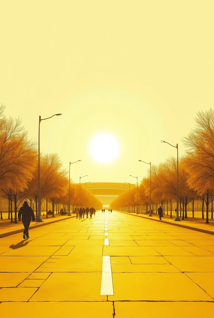 CREATE AT LEAST 10 IMAGES WHERE YOU PRESENT LANDSCAPE AND AESTHETICS FOR A MAIN ROAD, CONSIDERING THAT THE PROJECT IS AN OLYMPIC STADIUM WITH A RECTANGULAR SHAPE, WHICH ON THE OUTSIDE IS A SPORTS COMPLEX THAT EXPANDS AROUND THE STADIUM, THEREFORE THE IMAGE SHOULD BE A MONOCHROME ILLUSTRATION TYPE IN YELLOW WITH PEOPLE.