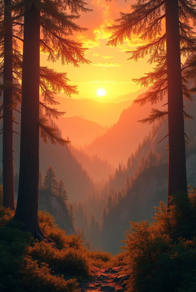 A forested landscape with mountains, In the background a sunset with an orange atmosphere, that all the trees are covered by an orange aura, and the view from a mountain looking at the horizon