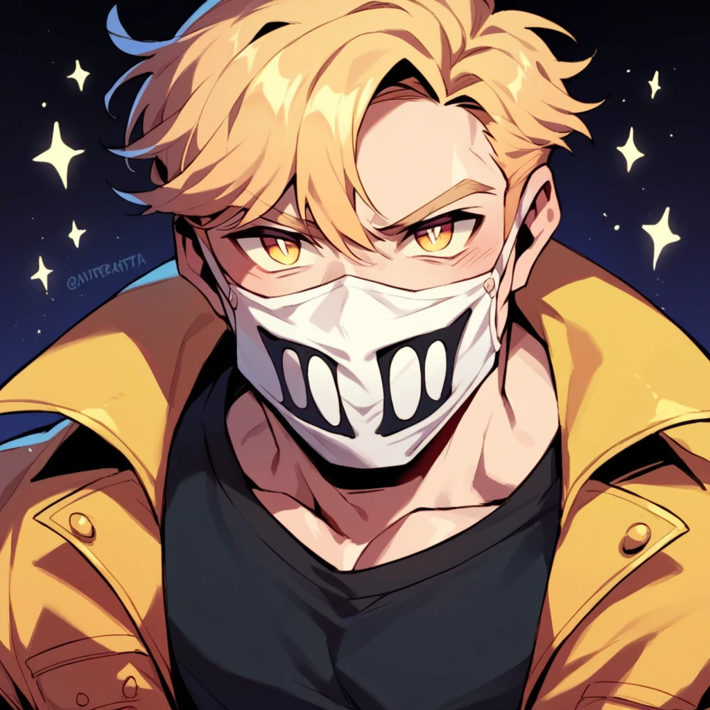 Man, Cartoon boy, Jason mask, Friday the thirteenth, Clarita Black, Yellow pupils, Dark background., Black shirt, jacket, happy pupil symbol