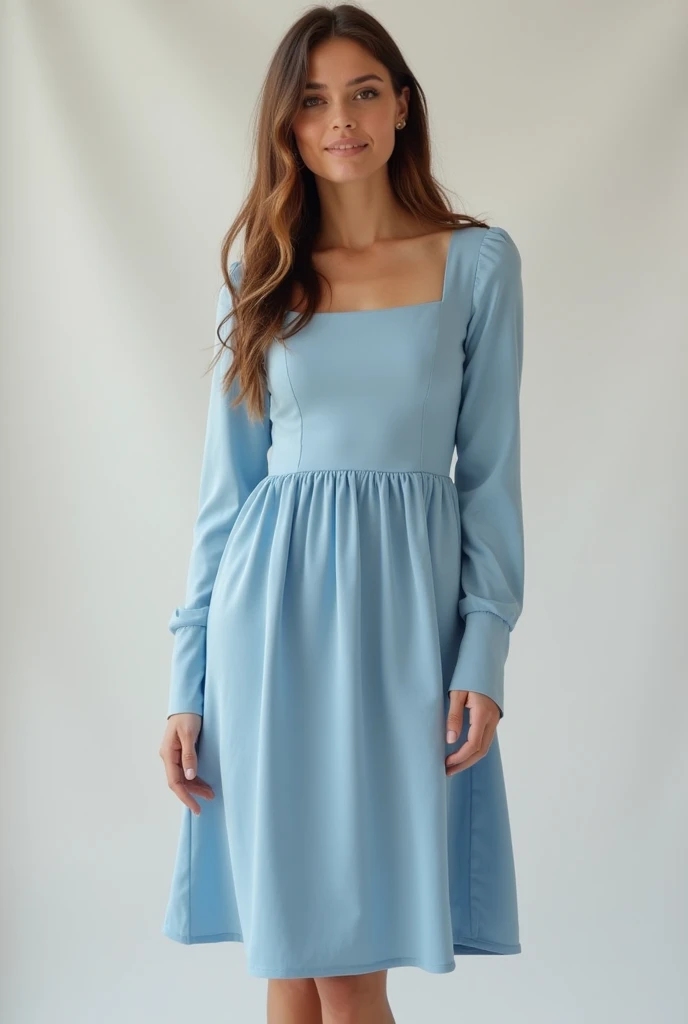 a dress not so short but not so long with a square neckline not tight light blue long sleeves
