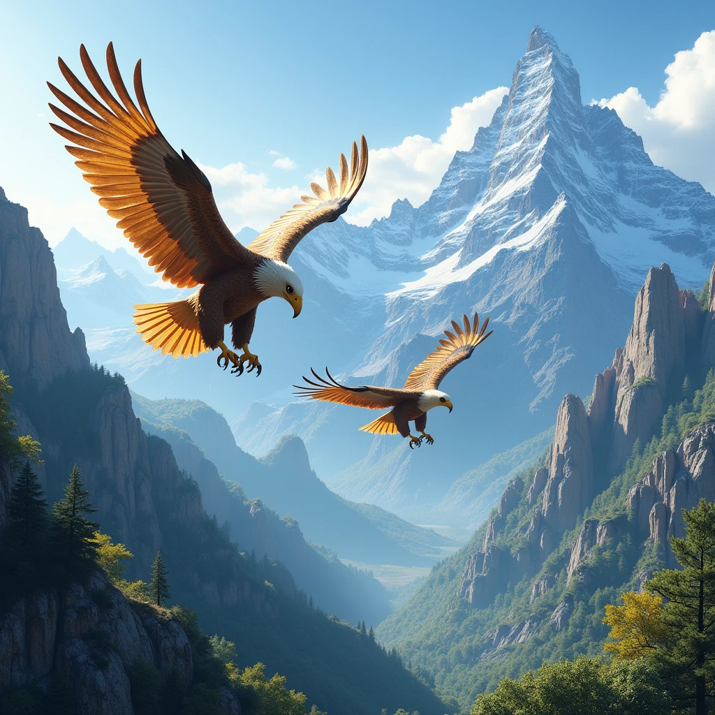 Eagles flying over mountains 