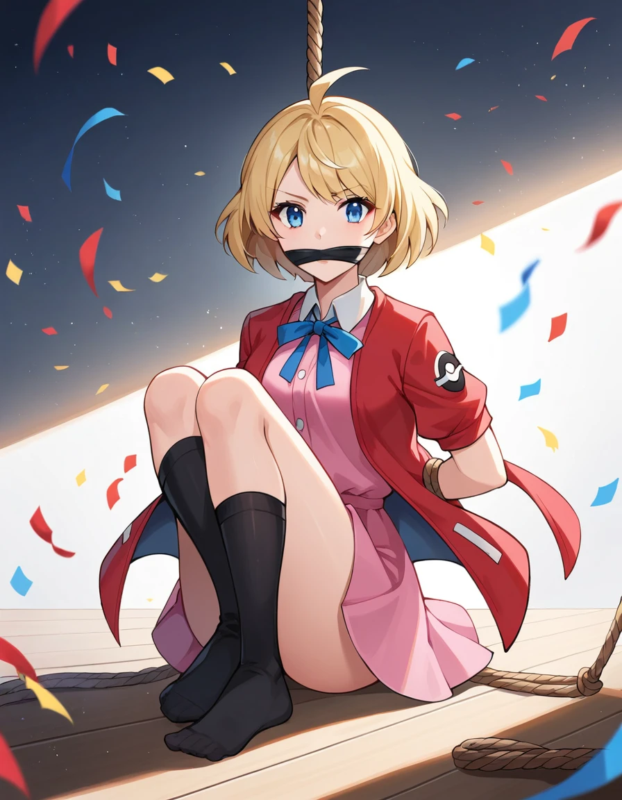 score_9, score_8_superior, score_7_superior, sauce_anime, evaluation_Safety,  \(Pokemon\), One girl, blue eyes, eyelash, short hair, Blonde, Have, Neck ribbon, Blue Ribbon, Pink Shirt, No sleeve, Bare arms, Red jacket, Pink Skirt, Black knee socks, Dutch Angle, hand superior, , Particles of light, light, Dutch Angle, aura, Backlight, Confetti, Particles of light, light, stage, stage lights, Spotlight,Tied up with rope,gag,Struggling,Grim expression