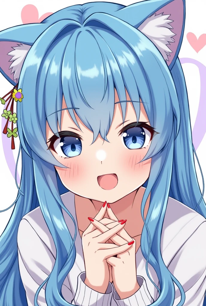 One girl, blue eyes, Long Hair, Blue Hair, bangs, Cat ear, hair ornaments, blush, Staring at the audience, Hair between the eyes,beautiful girl, Heart symbol on background,Slave Girl,smile,16 years old,Obedient Slave,The girl is hypnotized,He listens to everything I say,Ecstatic expression,Will serve you,Let me have sex,Milk splashed on my face