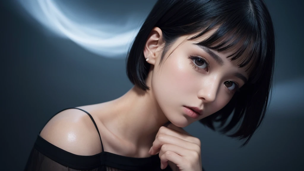 Delicate and dainty young woman with shiny short-cut black hair . She is wearing black dress. The background is a fantastic and ethereal night sky that seems to be haunted by a specter. Her expression is stern and atmospheric. Angle from directly below. face closeup