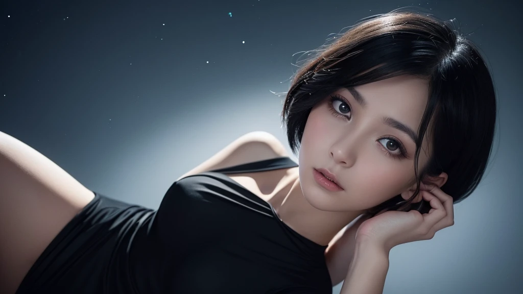 Delicate and dainty young woman with shiny short-cut black hair . She is wearing black dress. The background is a fantastic and ethereal night sky that seems to be haunted by a specter. Her expression is stern and atmospheric. Angle from directly below. face closeup