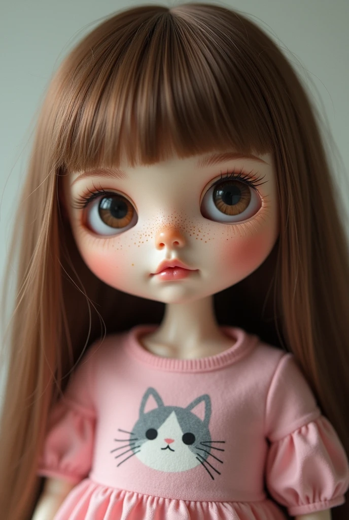 Blythe doll with straight hair down to chest, brown dark eyes, mouth slightly darker than skin. Pale and freckled skin, without bangs. Pink kitten blouse