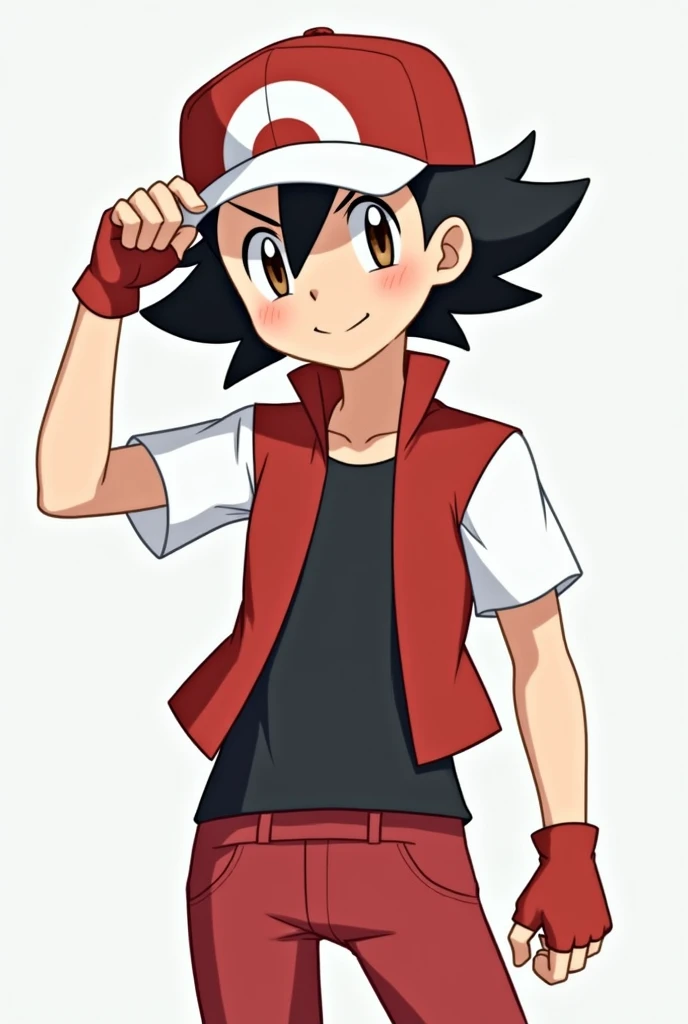 Make a Pokemon trainer with a red cap that has a white part in the front and that wears a vest with a white short-sleeved black shirt on top with red fingerless gloves and red pants.