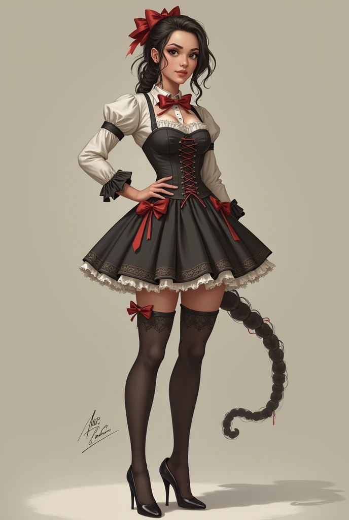 Design a recycled suit for a lady with a corset, a short skirt with a tail where it has a bow and date, 
