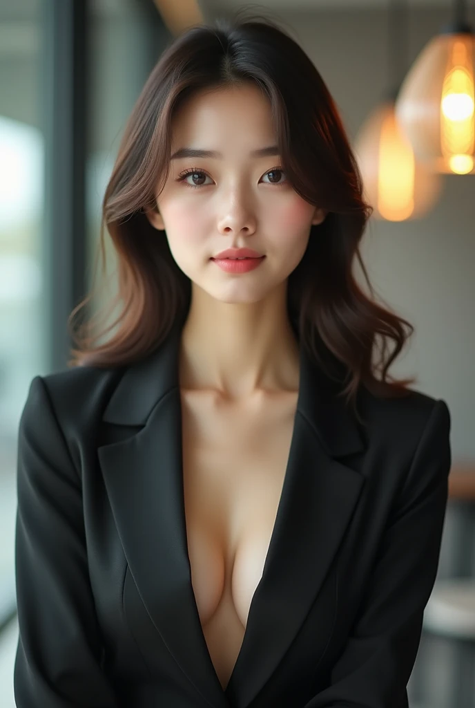 high resolution, Realistic portrait of a Korean professional woman with perfect skin, Professional suit, Show confidence and maturity, Surrounded by a modern corporate environment., Vivid and naturally lit highlights. The work should highlight her elegant facial features.., Including the attractive long eyes, Flutter eyelashes and captivating lips. The scene should be enhanced with elements of professionalism and visual appeal.., I'm not wearing anything on top., My chest is exposed., I crave sex., The overall tone should be warm and professional.., It has a soft and natural color palette.. The work must be professional.,
